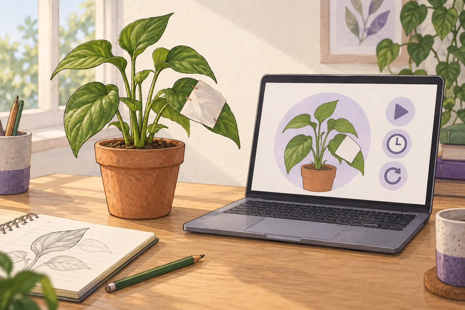 A real plant and notebook beside a laptop showing a virtual plant experiment with play, time and retry controls.